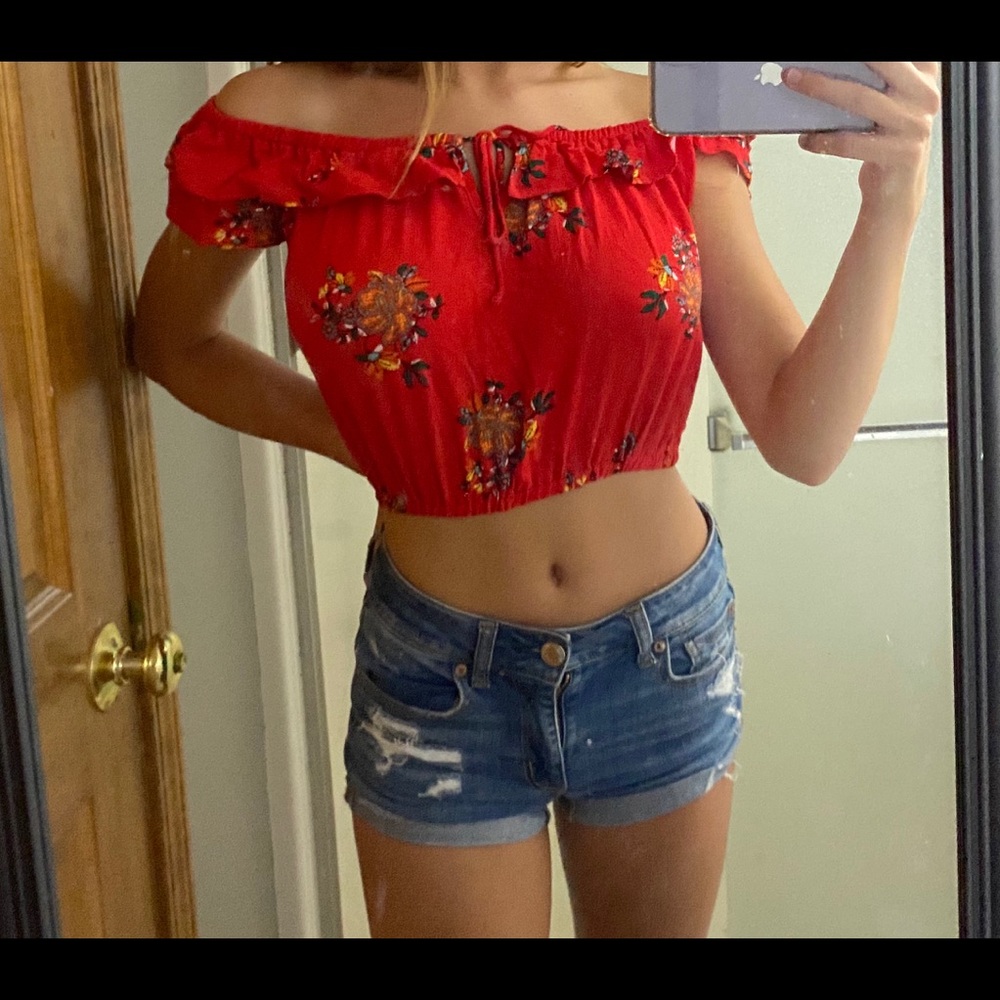 Off the shoulder red shirt!!